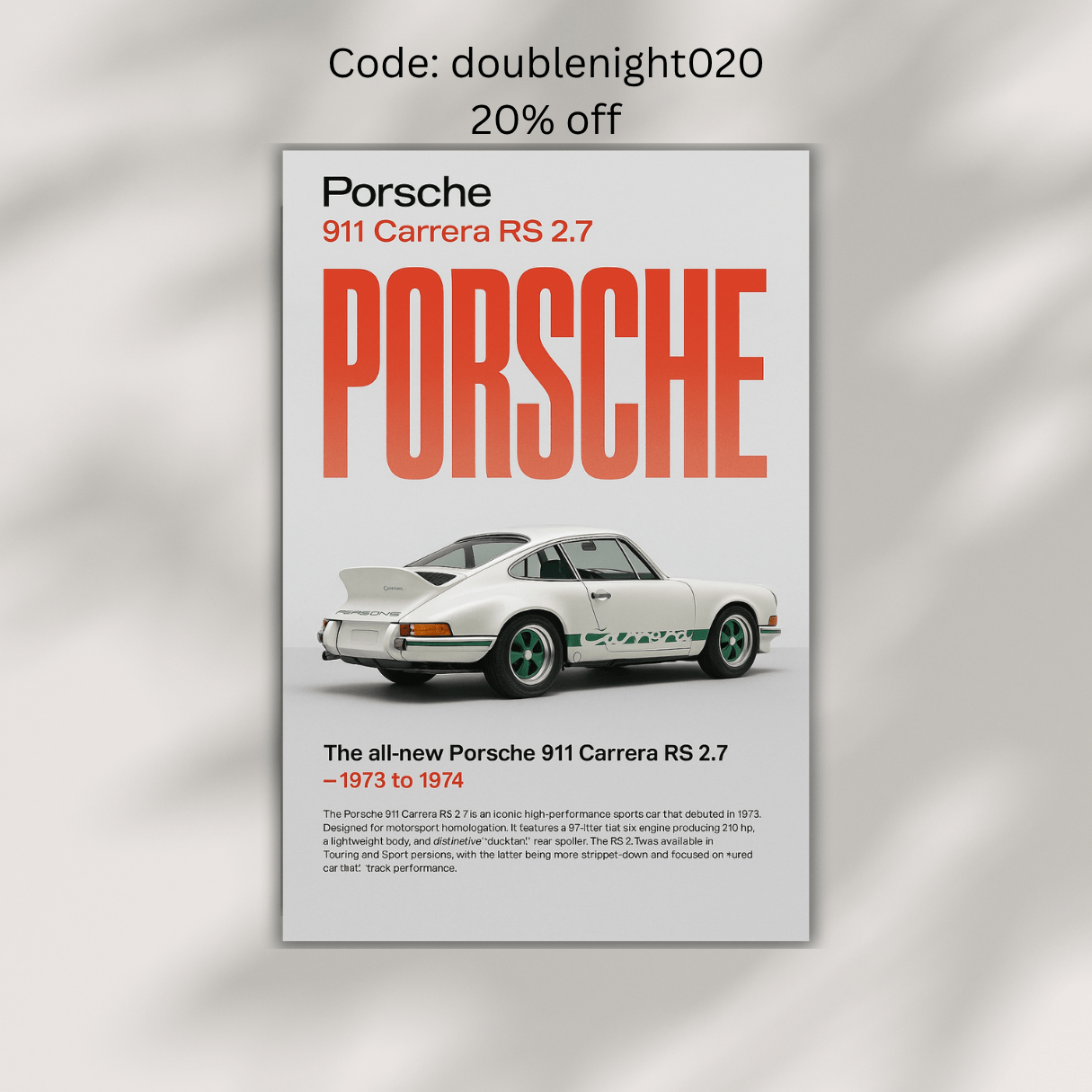 Porsche 911 Carrera RS 2.7 ‘Ducktail’ Poster – Retro Magazine Style | Minimalist Car Wall Art (A5–A1) - Doublenightprints