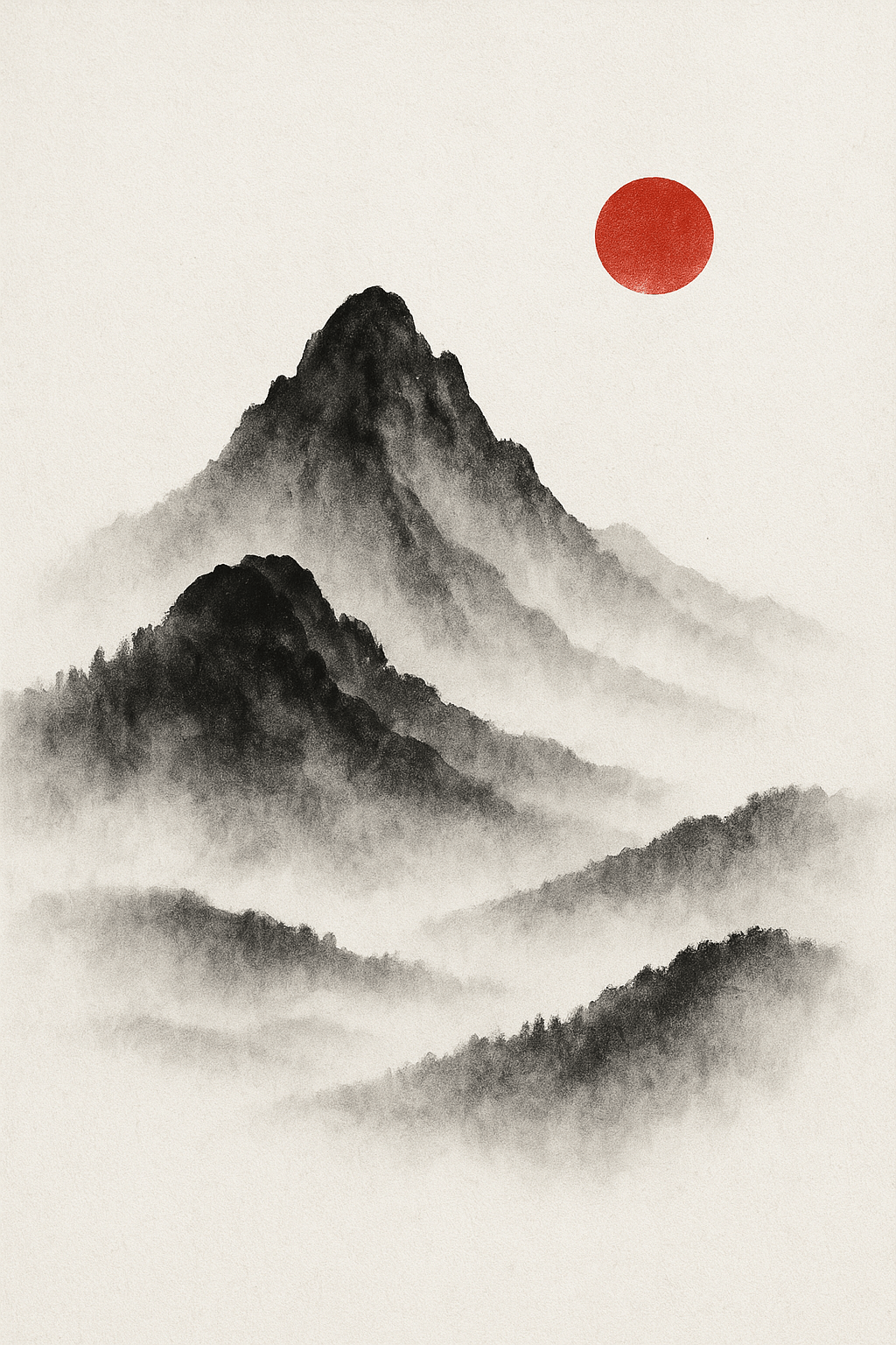 Sumi - e Mountains with Red Sun — Minimal Japanese Print - Doublenightprints