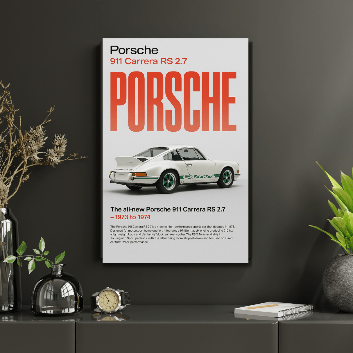 Porsche 911 Carrera RS 2.7 ‘Ducktail’ Poster – Retro Magazine Style | Minimalist Car Wall Art (A5–A1) - Doublenightprints