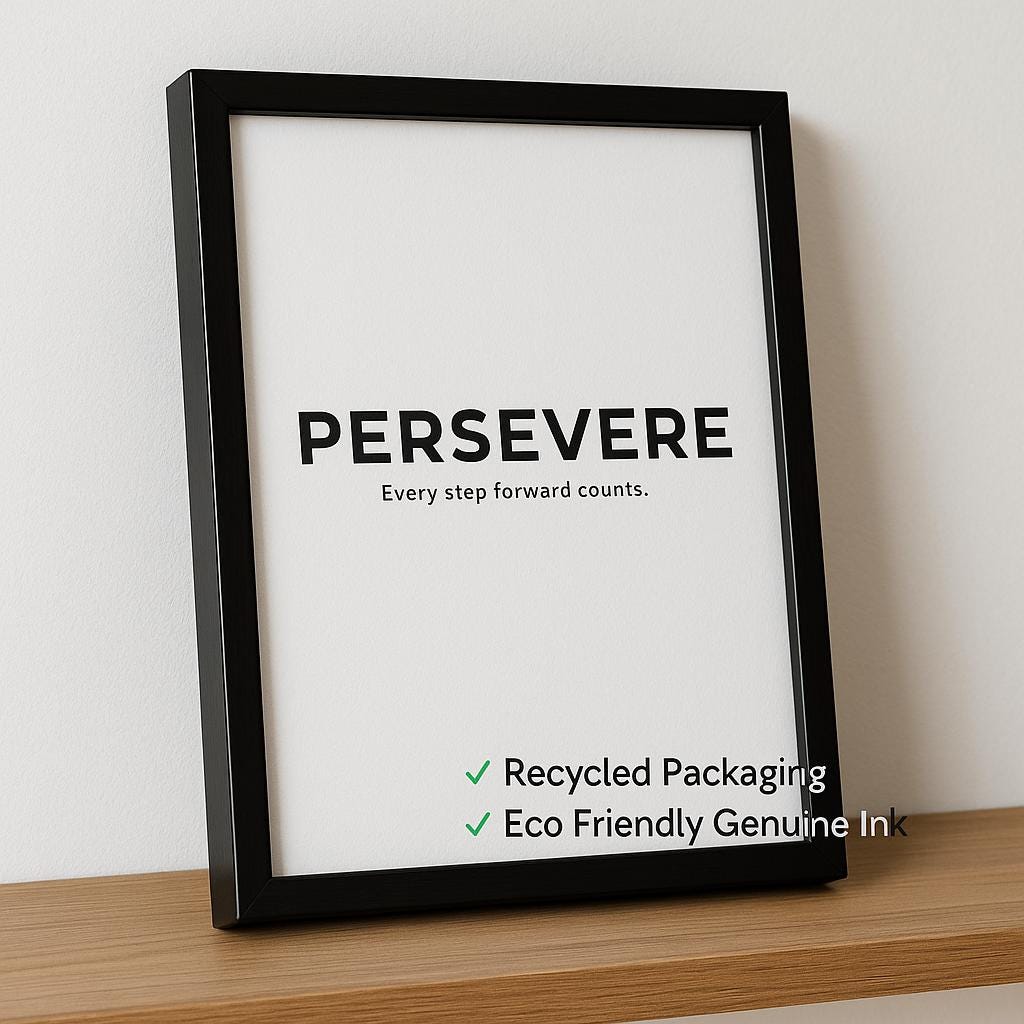 Inspirational Minimalist Poster “PERSEVERE” | Black and White Motivational Wall Art for Living Room, Bedroom, Office | Eco Friendly Ink - Doublenightprints