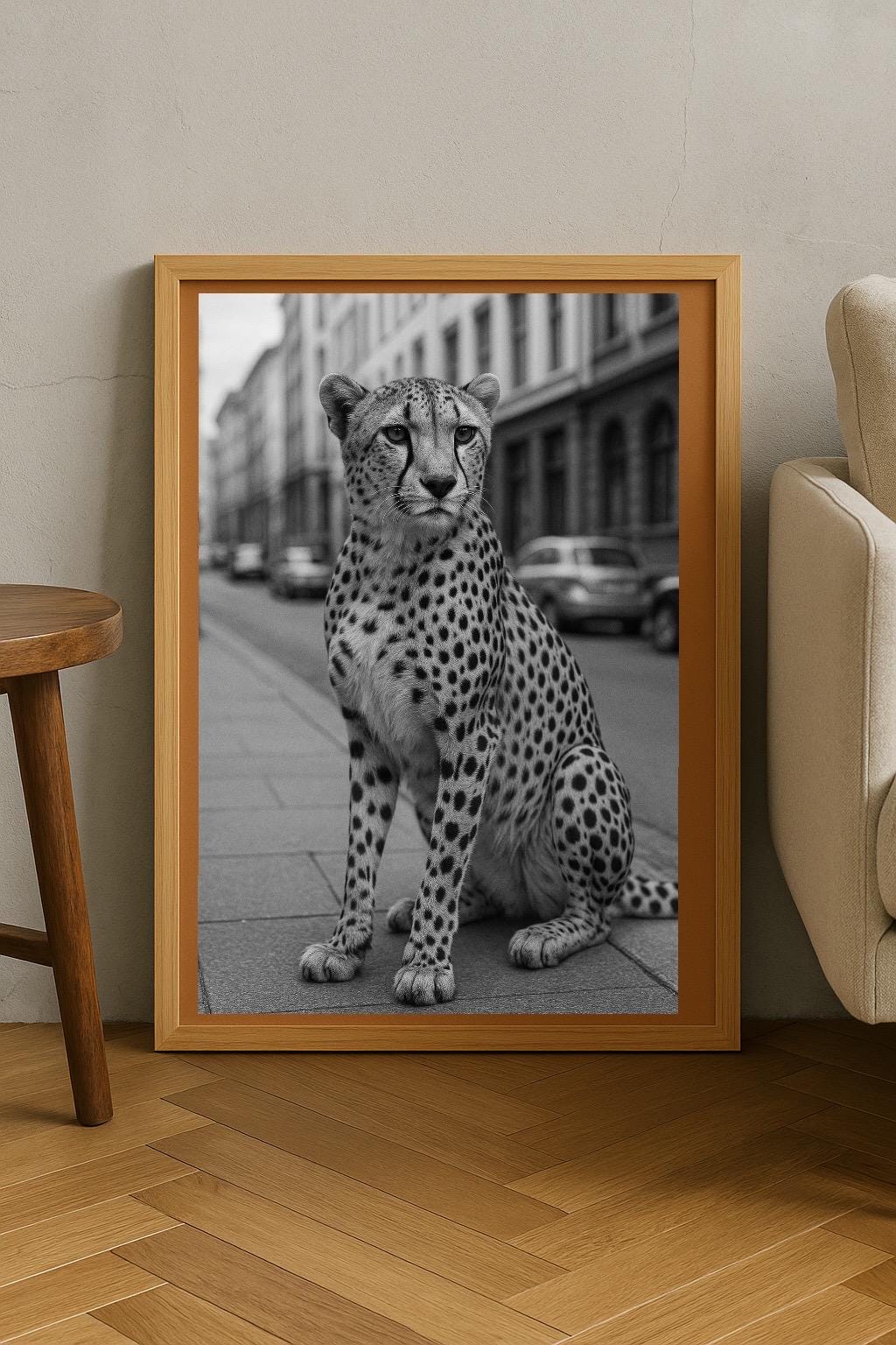 Cheetah in the City Poster – Black & White Urban Wildlife Wall Art | Photorealistic Animal Print | Modern Decor A4–A1 Sizes - Doublenightprints