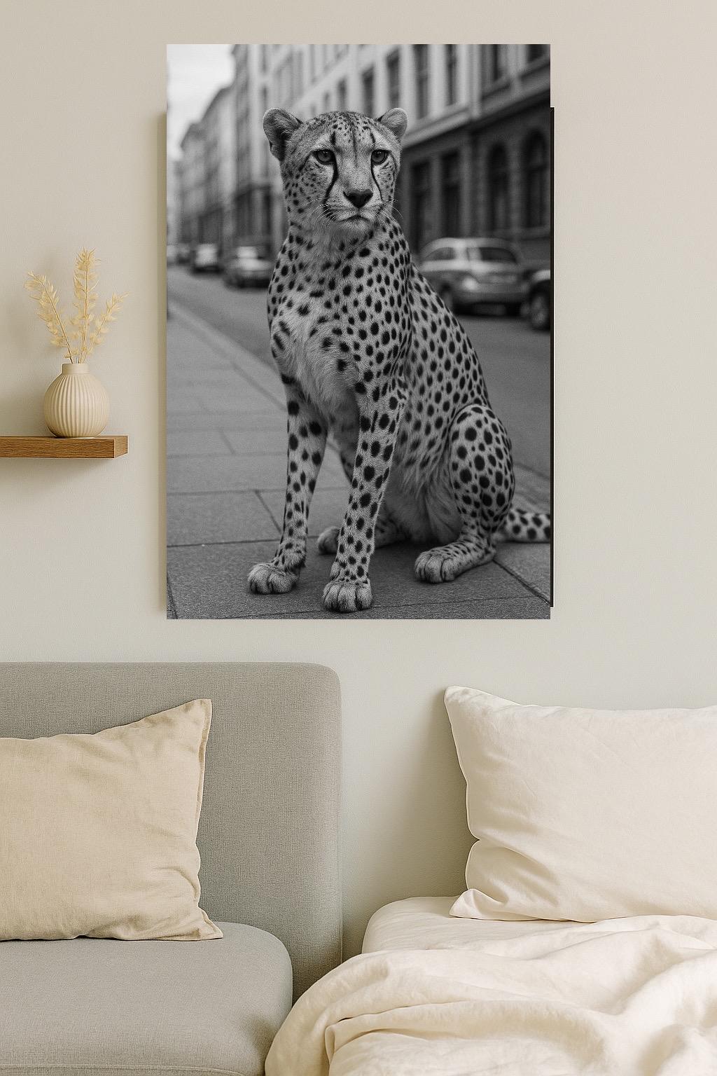Cheetah in the City Poster – Black & White Urban Wildlife Wall Art | Photorealistic Animal Print | Modern Decor A4–A1 Sizes - Doublenightprints