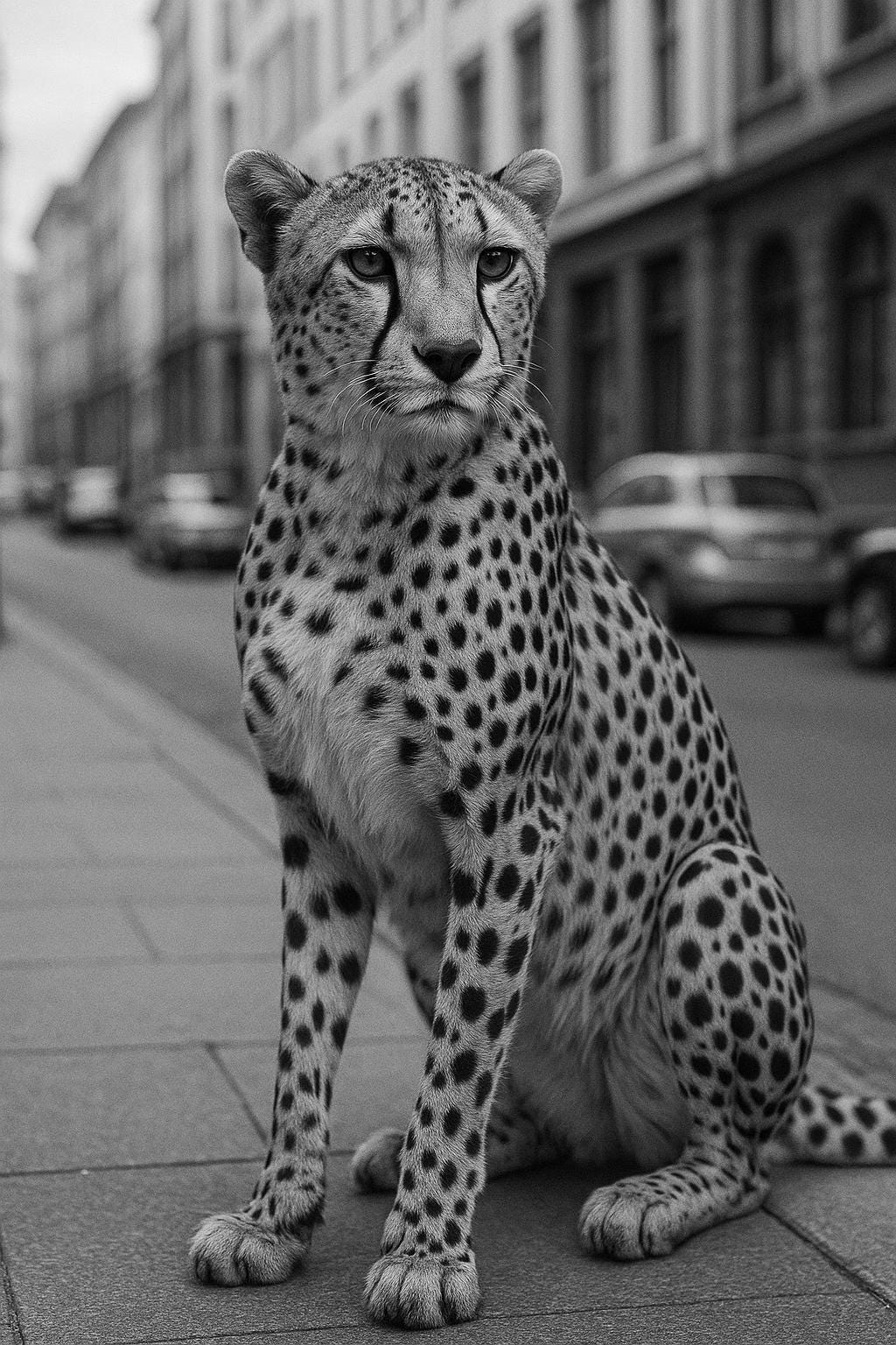 Cheetah in the City Poster – Black & White Urban Wildlife Wall Art | Photorealistic Animal Print | Modern Decor A4–A1 Sizes - Doublenightprints
