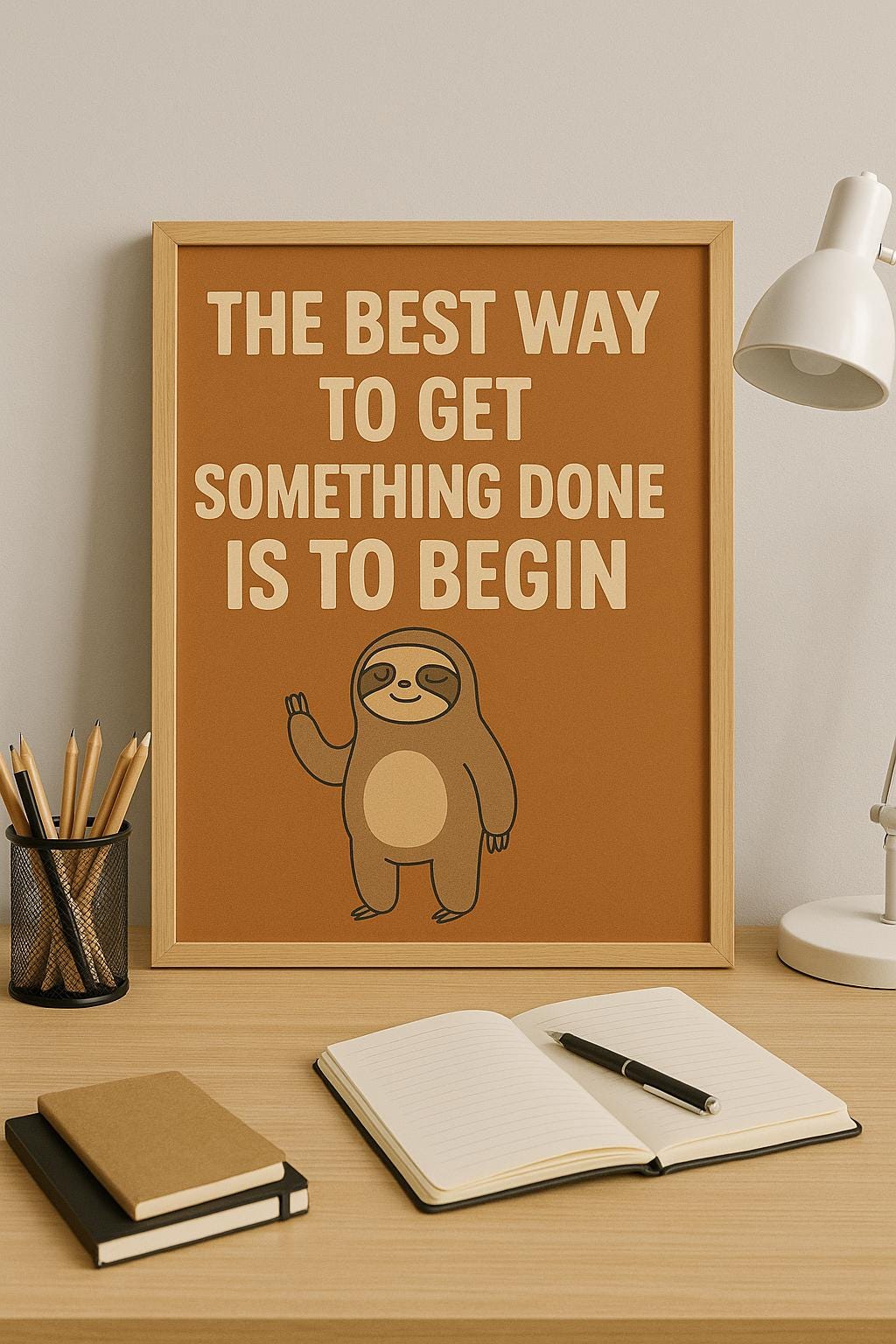The Best Way to Get Something Done Is to Begin – Funny Sloth Motivational Poster | A3 A4 Wall Art Print | Office, Home Decor Gift - Doublenightprints