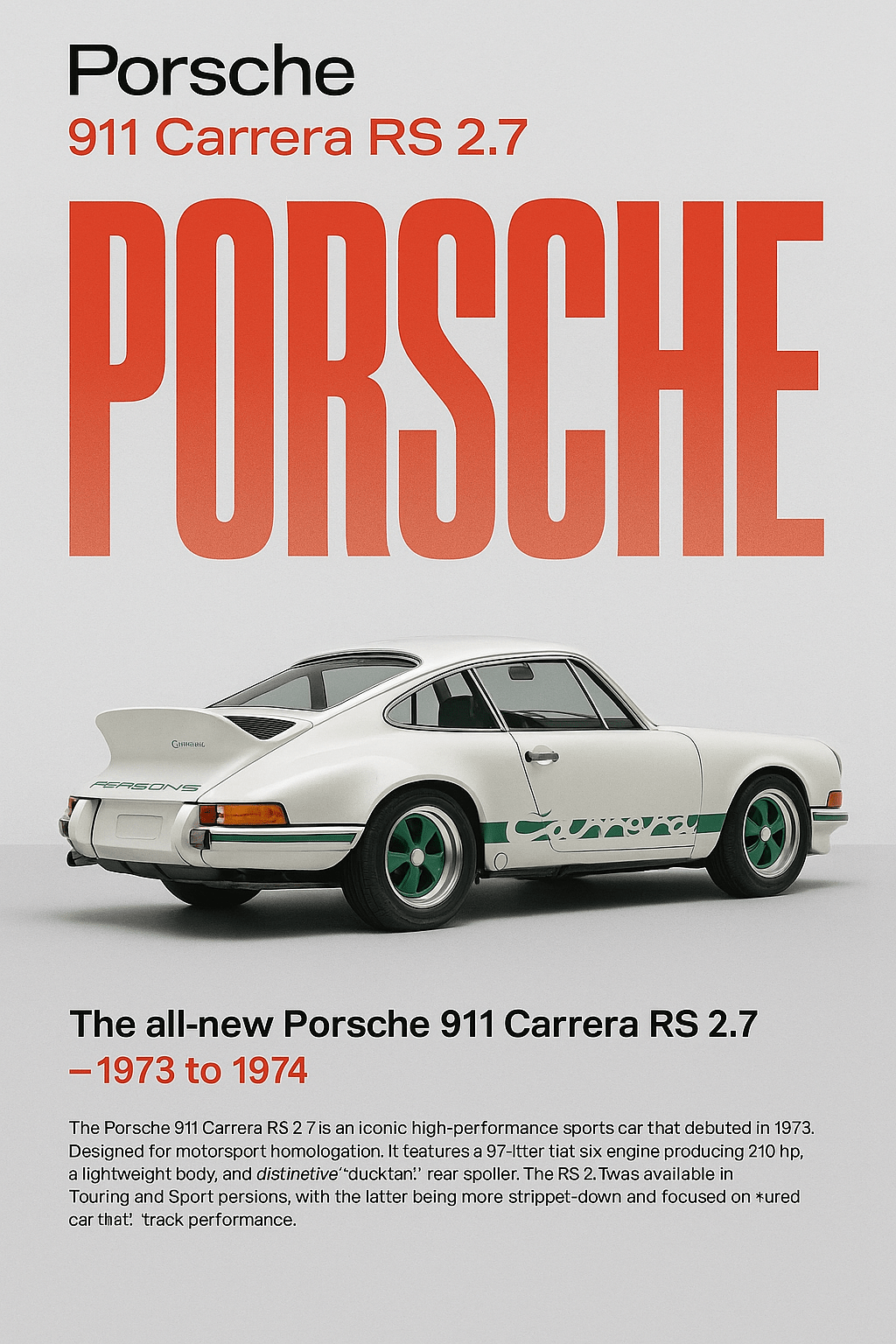 Porsche 911 Carrera RS 2.7 ‘Ducktail’ Poster – Retro Magazine Style | Minimalist Car Wall Art (A5–A1) - Doublenightprints