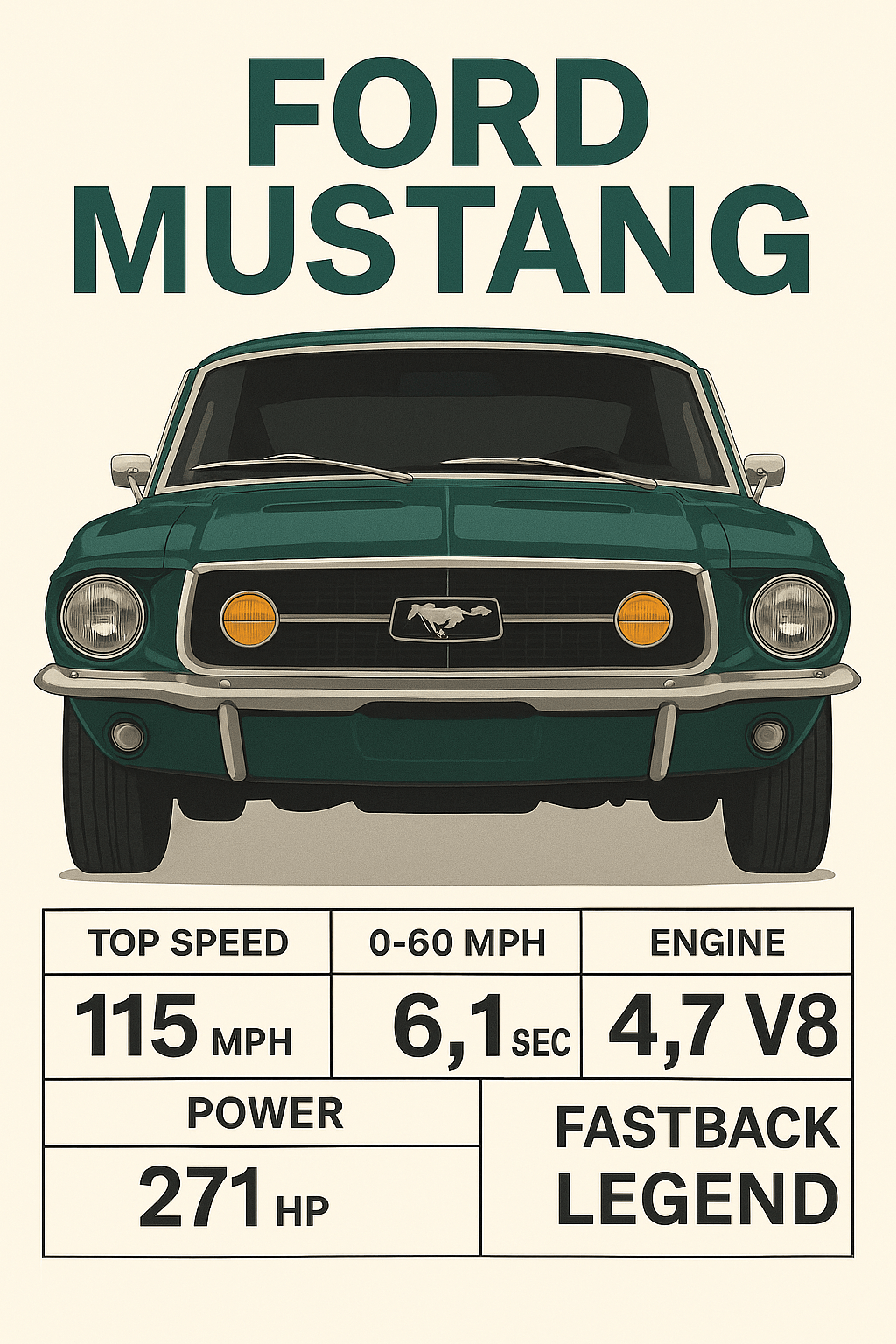 Ford Mustang — Classic Specs Poster (Green) - Doublenightprints