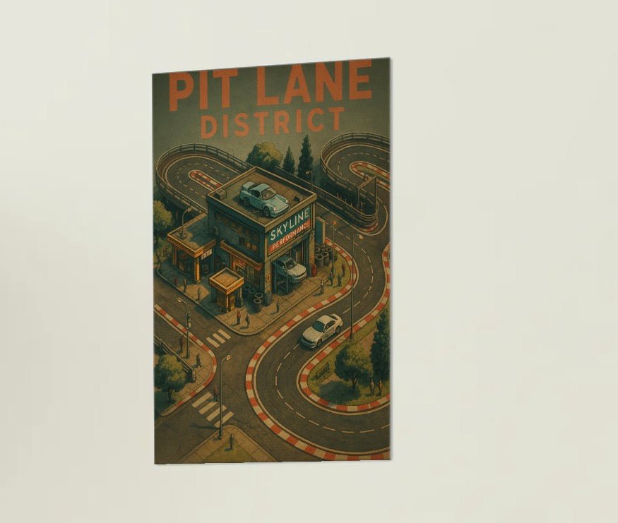 Pit Lane District Racing Poster | Skyline Performance Garage Wall Art | Motorsport Car Enthusiast Print - Doublenightprints