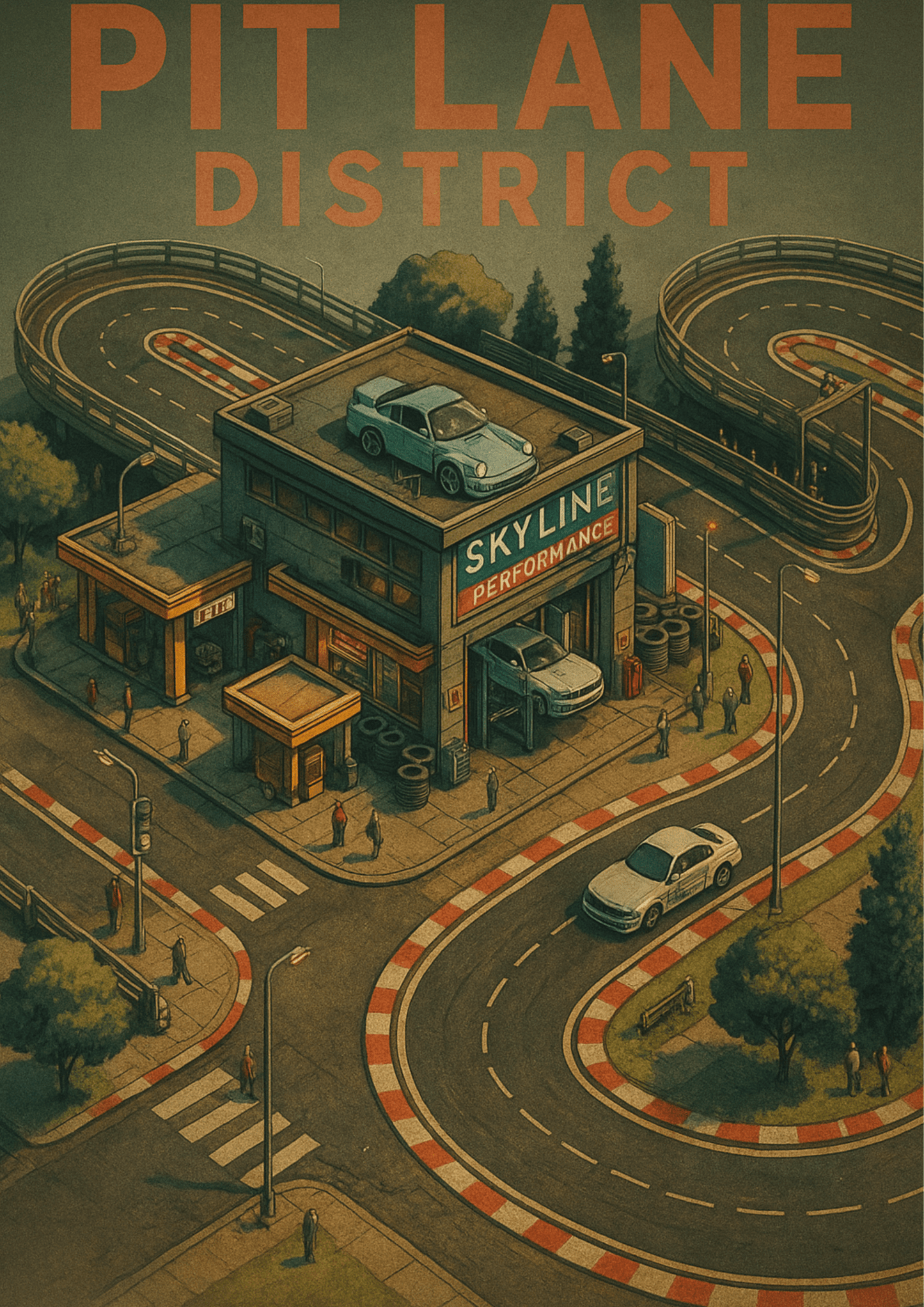 Pit Lane District Racing Poster | Skyline Performance Garage Wall Art | Motorsport Car Enthusiast Print - Doublenightprints