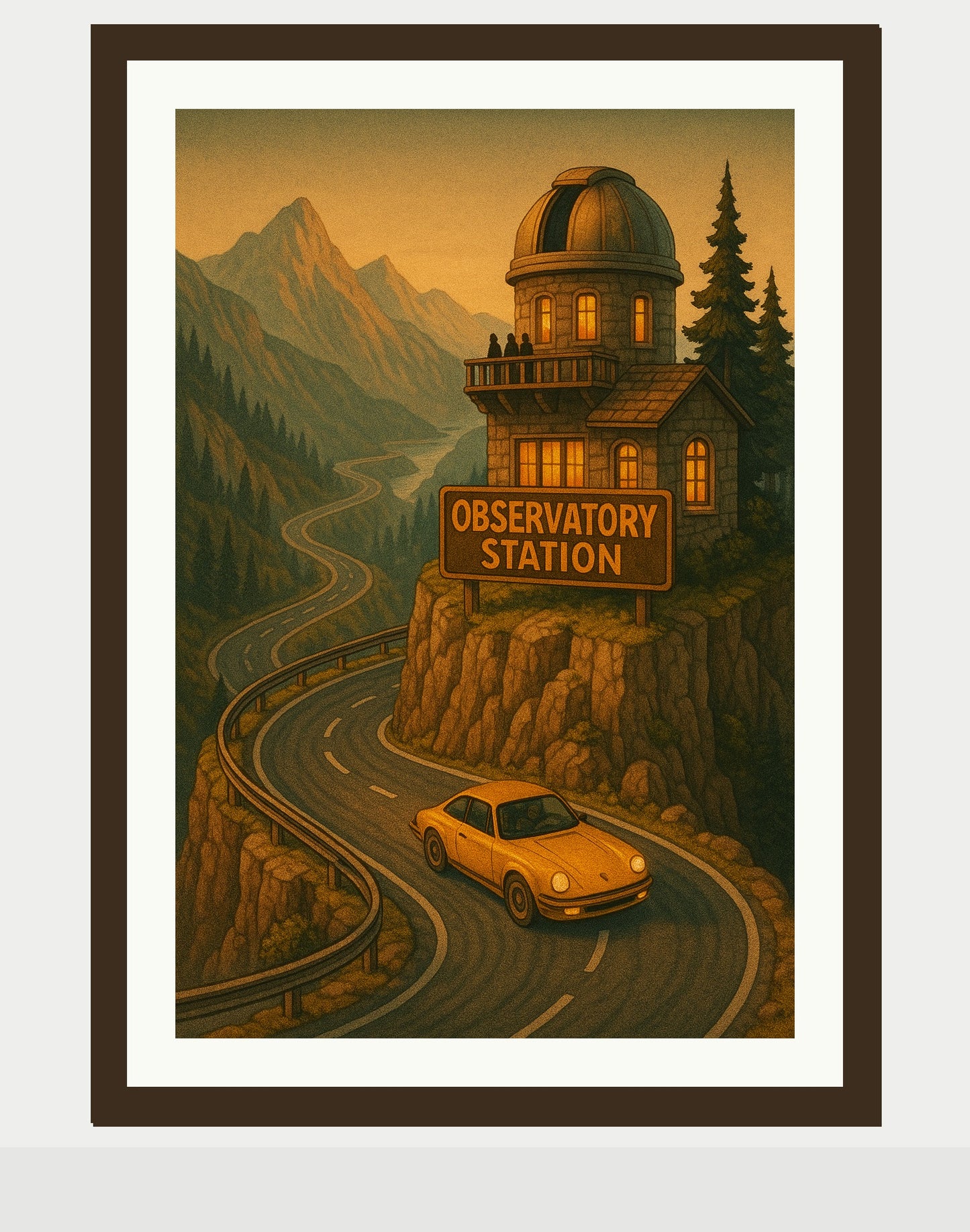 Observatory Station Mountain Road Poster | Vintage Sports Car Wall Art | Alpine Sunset Drive Print - Doublenightprints