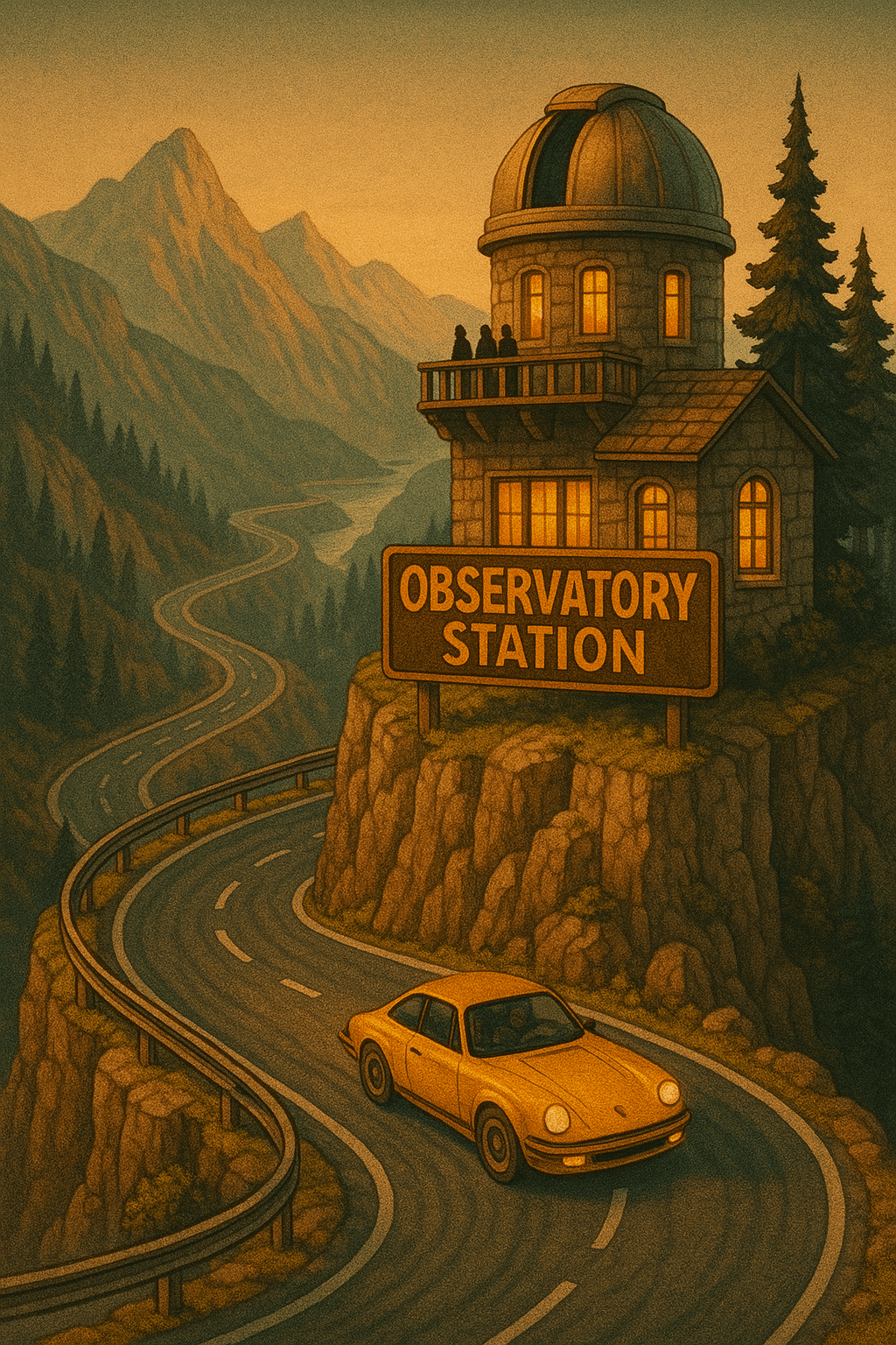 Observatory Station Mountain Road Poster | Vintage Sports Car Wall Art | Alpine Sunset Drive Print - Doublenightprints