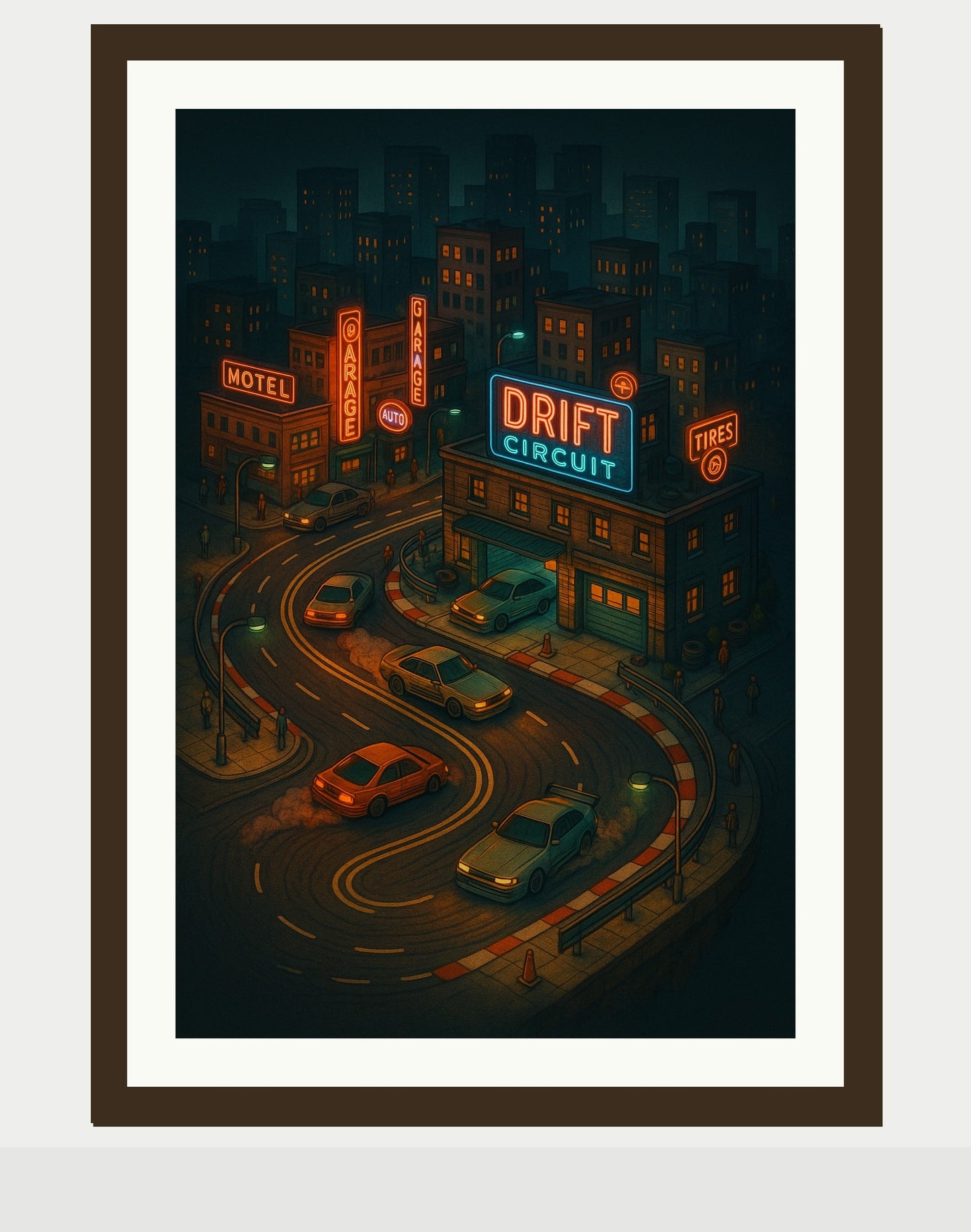 Neon Night Drift Circuit Poster | Street Racing Wall Art | Retro City Drift Scene Print - Doublenightprints