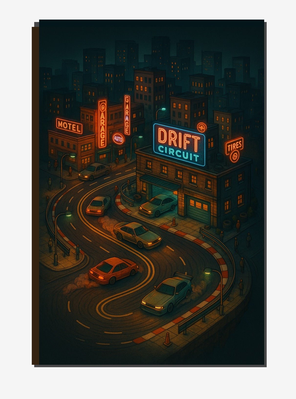 Neon Night Drift Circuit Poster | Street Racing Wall Art | Retro City Drift Scene Print - Doublenightprints
