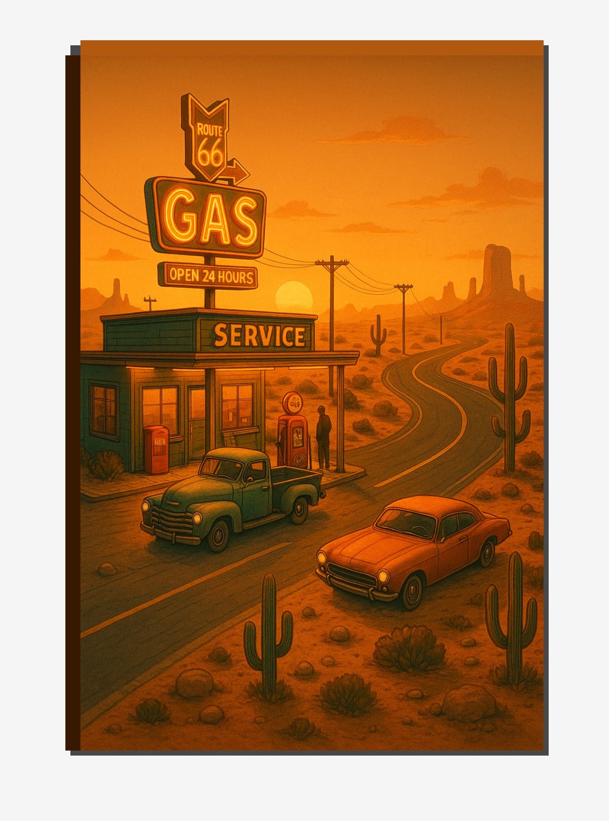 Desert Gas Station Poster | Retro Route - Style Wall Art | Classic Car & Neon Service Print - Doublenightprints