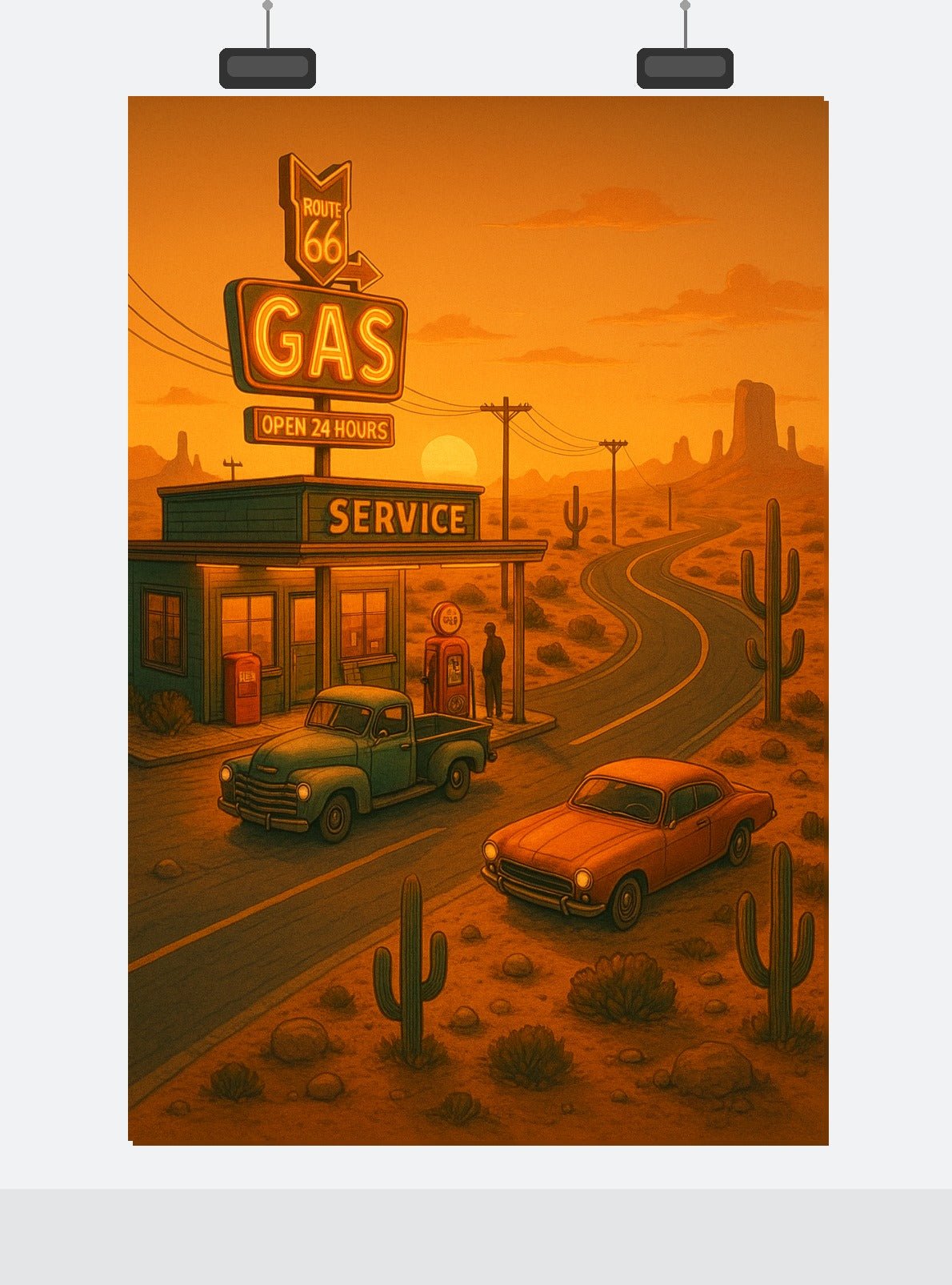 Desert Gas Station Poster | Retro Route - Style Wall Art | Classic Car & Neon Service Print - Doublenightprints