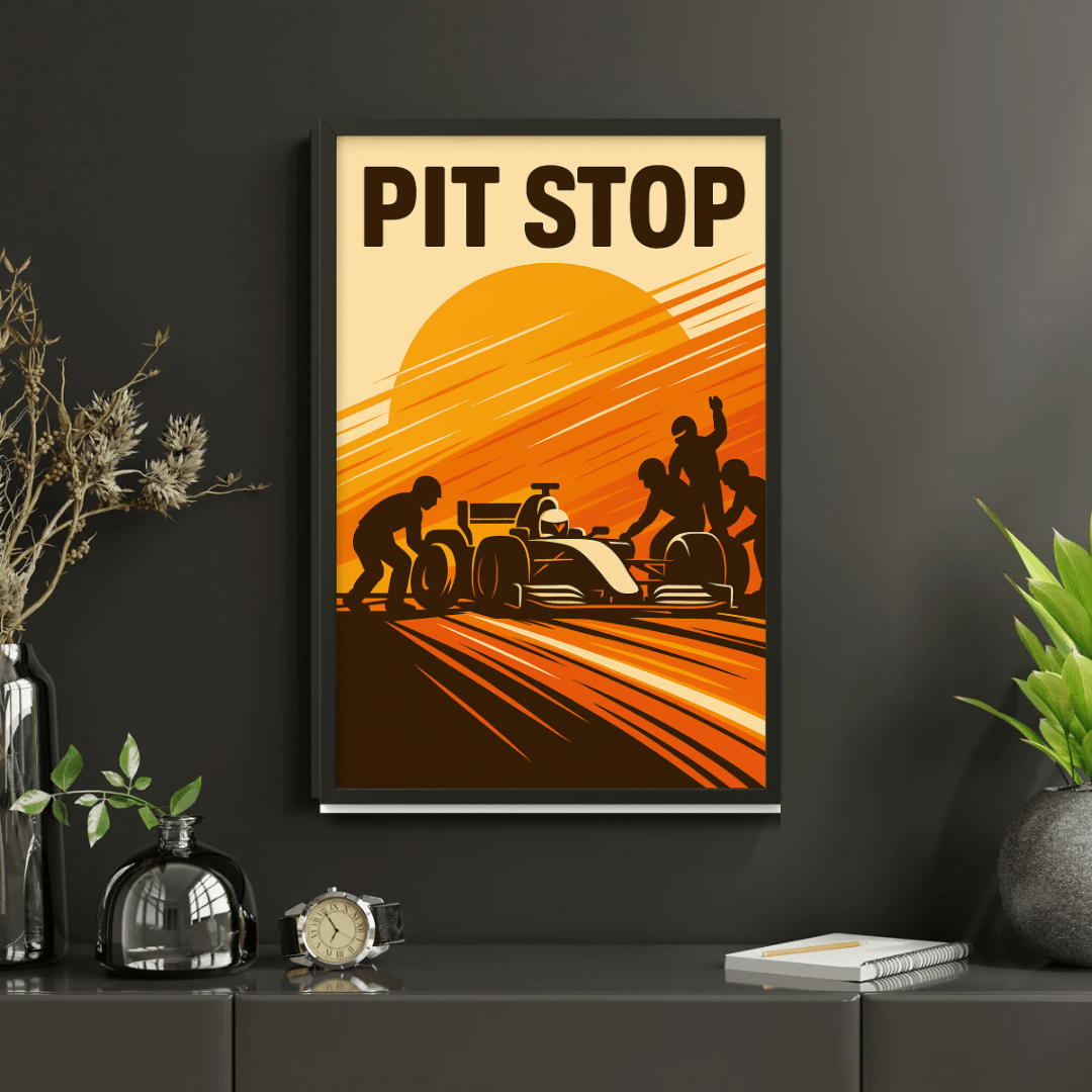 Pit Stop Silhouette Poster – Retro Motorsport Wall Art (Portrait) - Doublenightprints