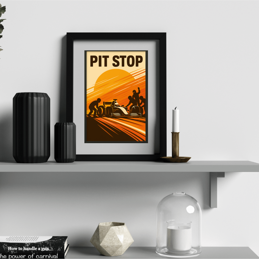 Pit Stop Silhouette Poster – Retro Motorsport Wall Art (Portrait) - Doublenightprints