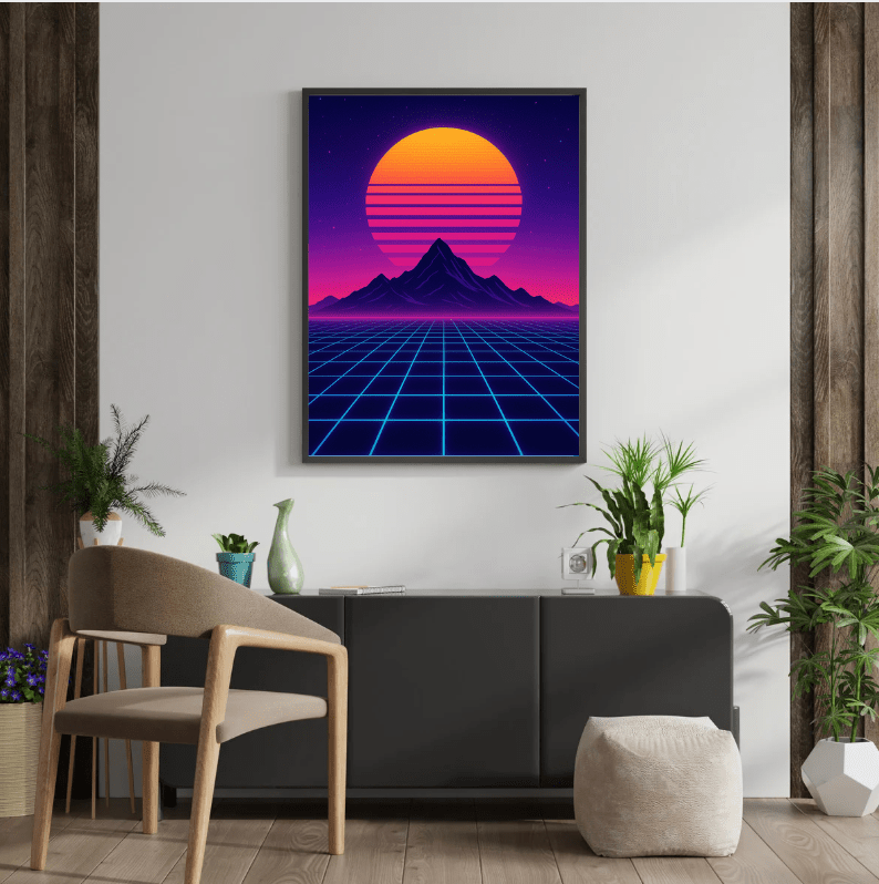 Synthwave Sunset — Retro Neon Grid Landscape - Doublenightprints