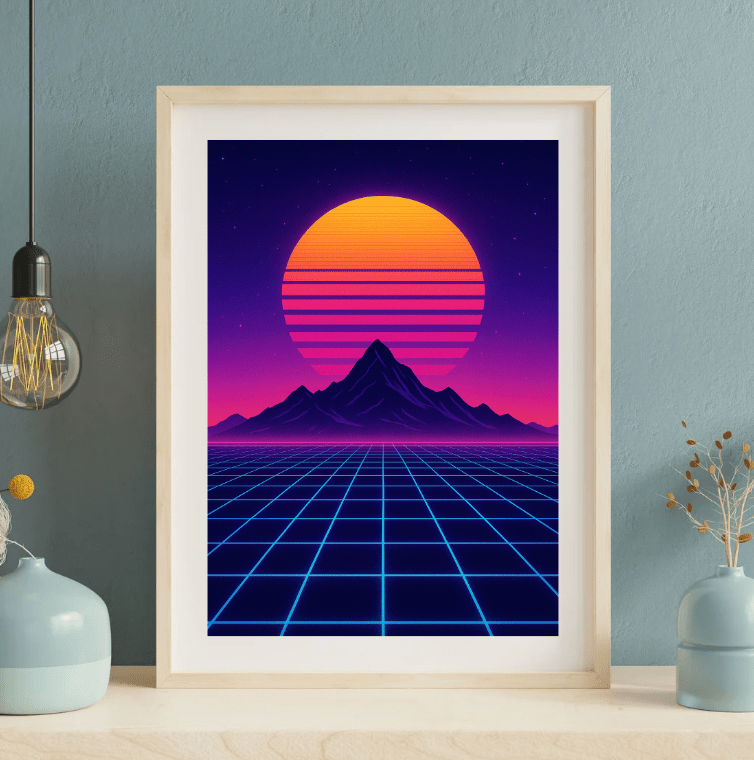 Synthwave Sunset — Retro Neon Grid Landscape - Doublenightprints
