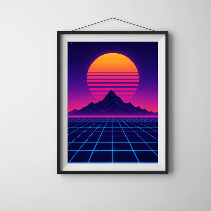 Synthwave Sunset — Retro Neon Grid Landscape - Doublenightprints