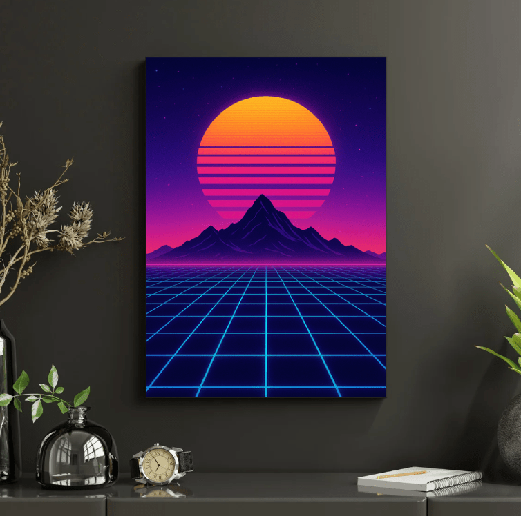 Synthwave Sunset — Retro Neon Grid Landscape - Doublenightprints