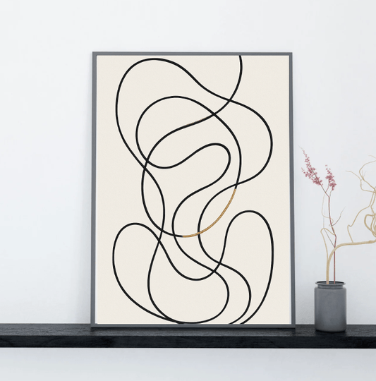 Abstract Line Flow (Black & Gold) — Minimal Wall Art - Doublenightprints