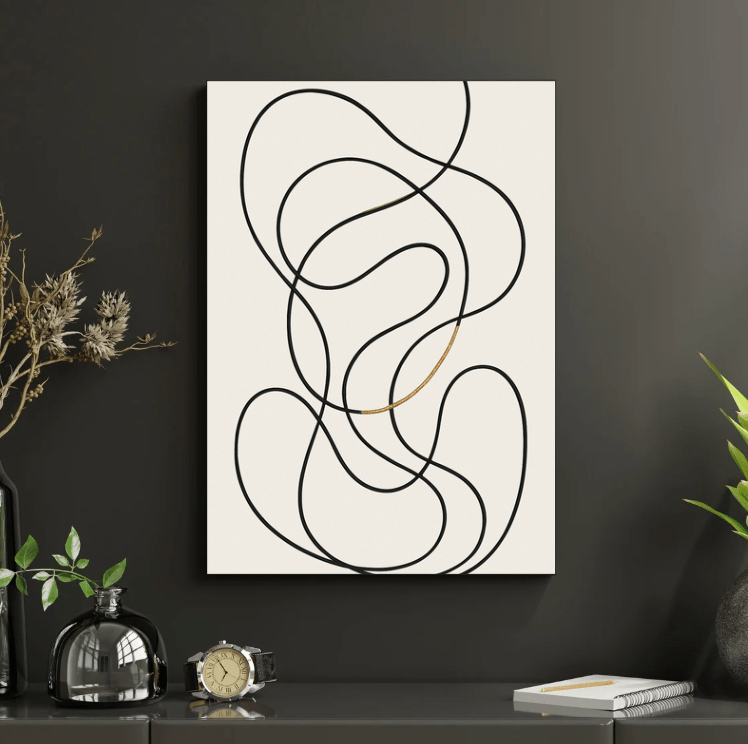 Abstract Line Flow (Black & Gold) — Minimal Wall Art - Doublenightprints