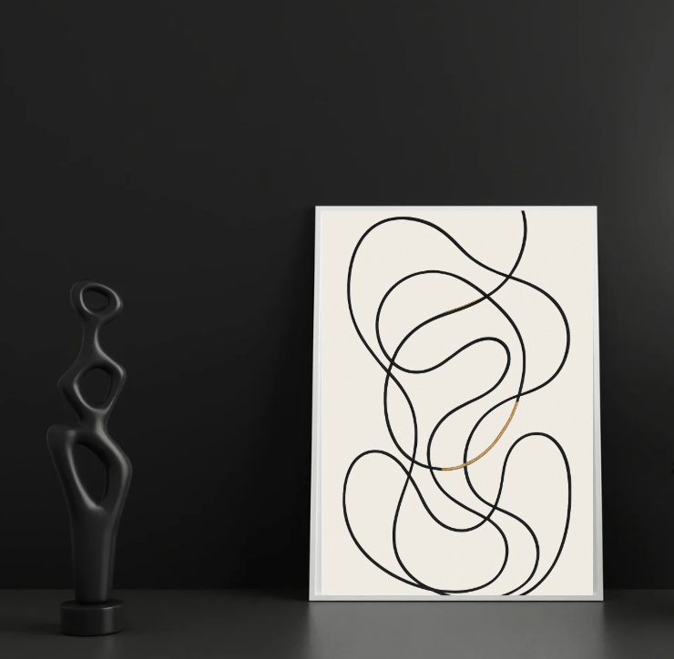 Abstract Line Flow (Black & Gold) — Minimal Wall Art - Doublenightprints