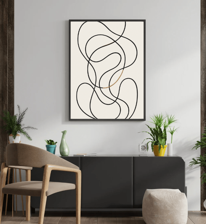 Abstract Line Flow (Black & Gold) — Minimal Wall Art - Doublenightprints