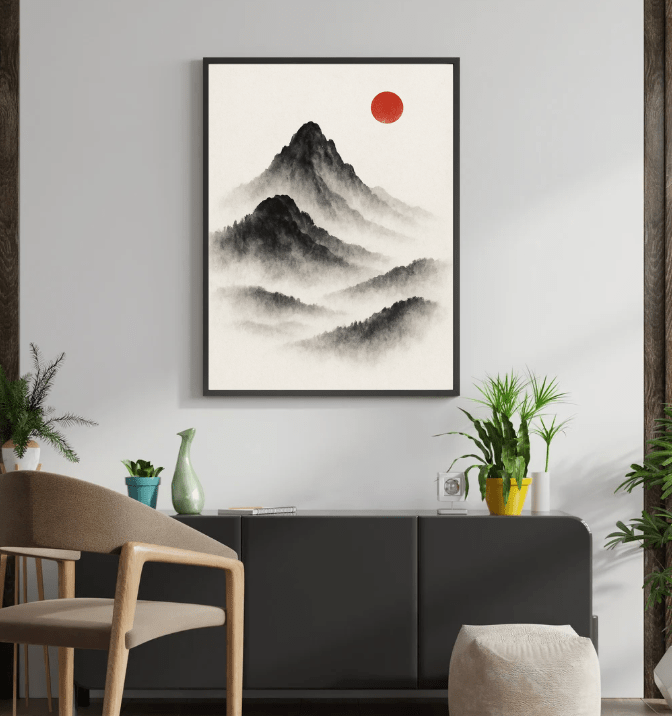 Sumi - e Mountains with Red Sun — Minimal Japanese Print - Doublenightprints