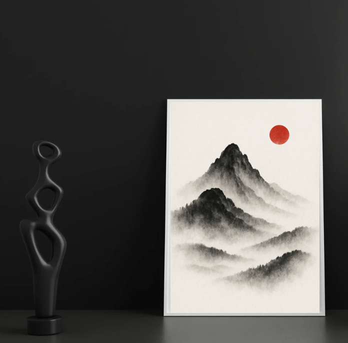 Sumi - e Mountains with Red Sun — Minimal Japanese Print - Doublenightprints