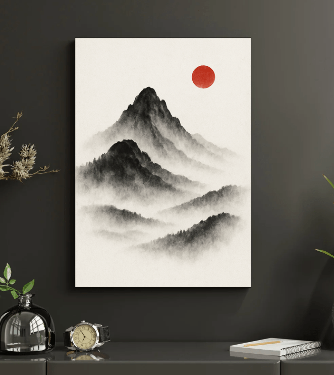 Sumi - e Mountains with Red Sun — Minimal Japanese Print - Doublenightprints