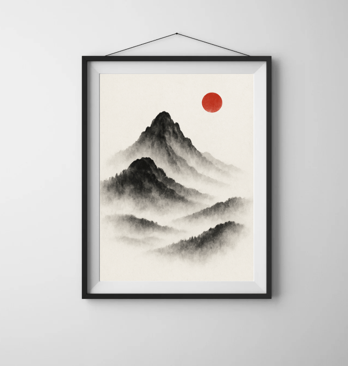 Sumi - e Mountains with Red Sun — Minimal Japanese Print - Doublenightprints