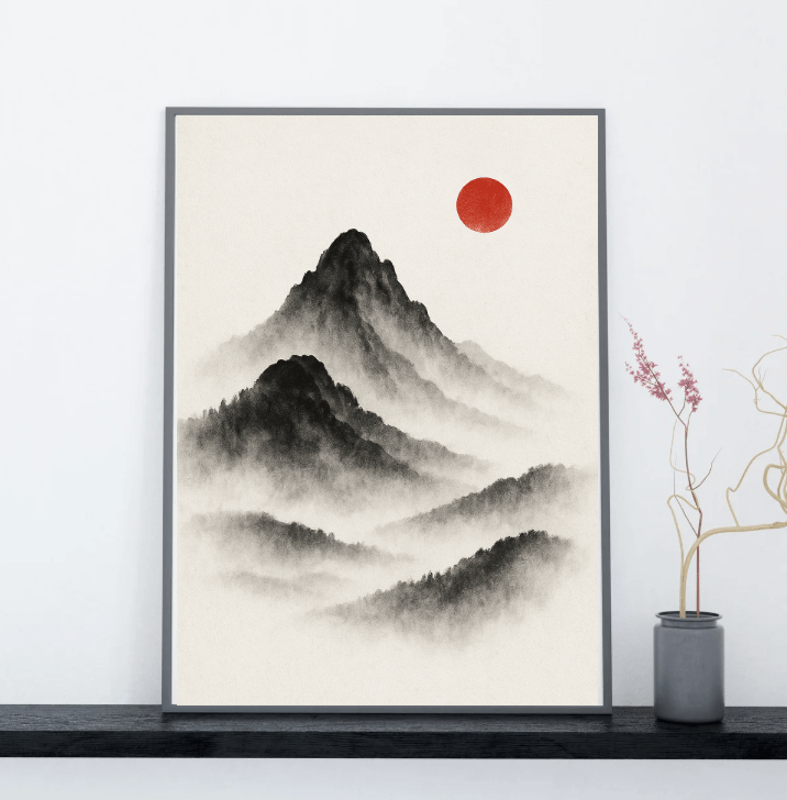 Sumi - e Mountains with Red Sun — Minimal Japanese Print - Doublenightprints