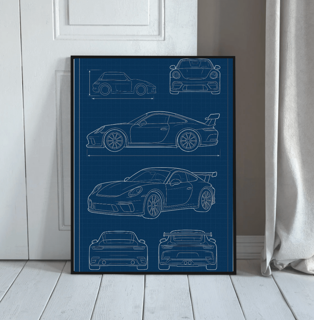 Sports Car Blueprint — Technical Drawing Poster - Doublenightprints