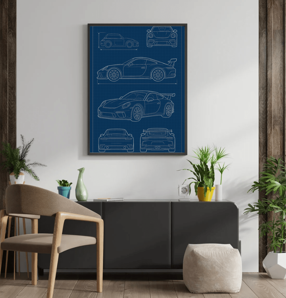 Sports Car Blueprint — Technical Drawing Poster - Doublenightprints