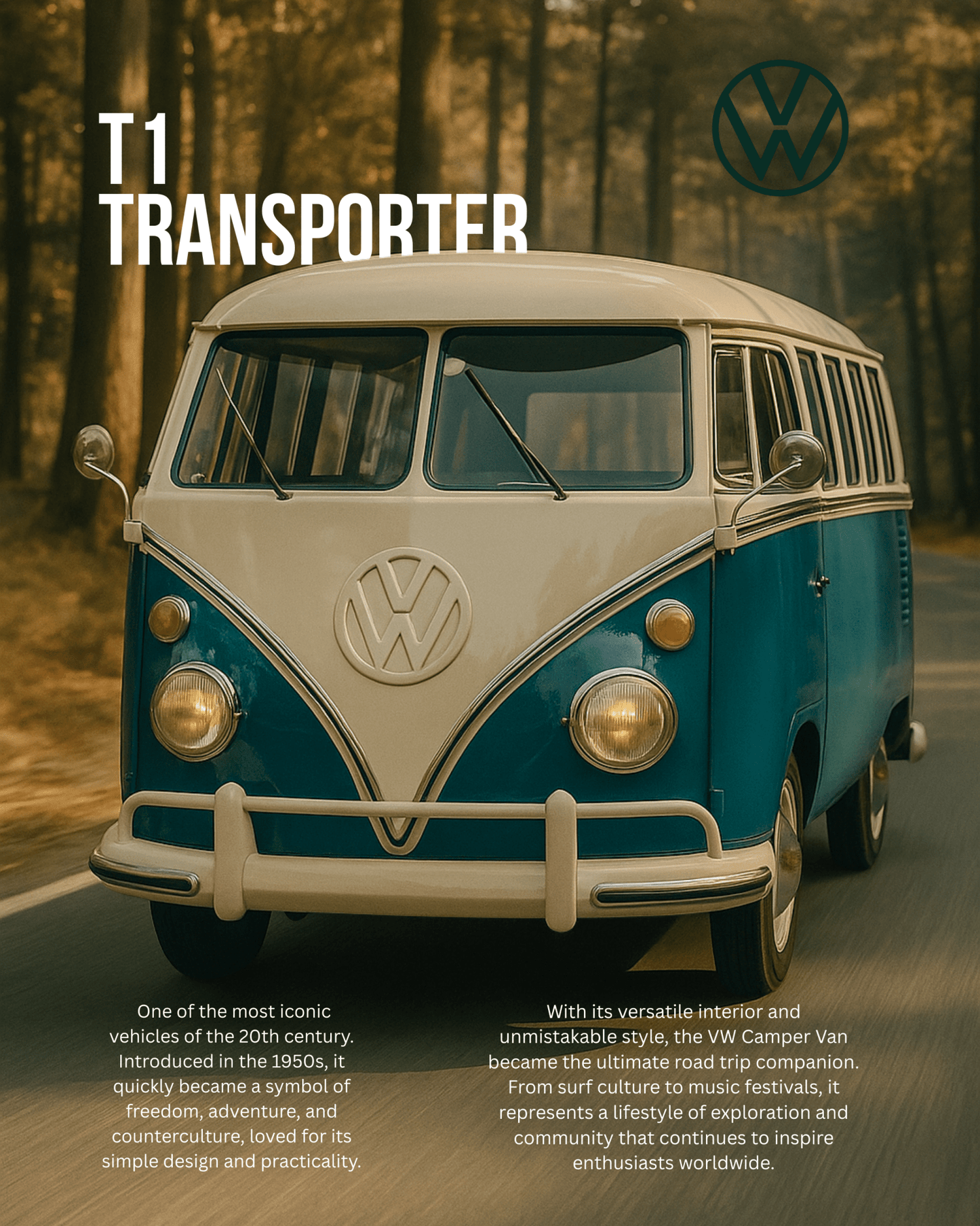 VW T1 Transporter Poster | Classic Camper Van Wall Art | Vintage Volkswagen Print - Doublenightprints