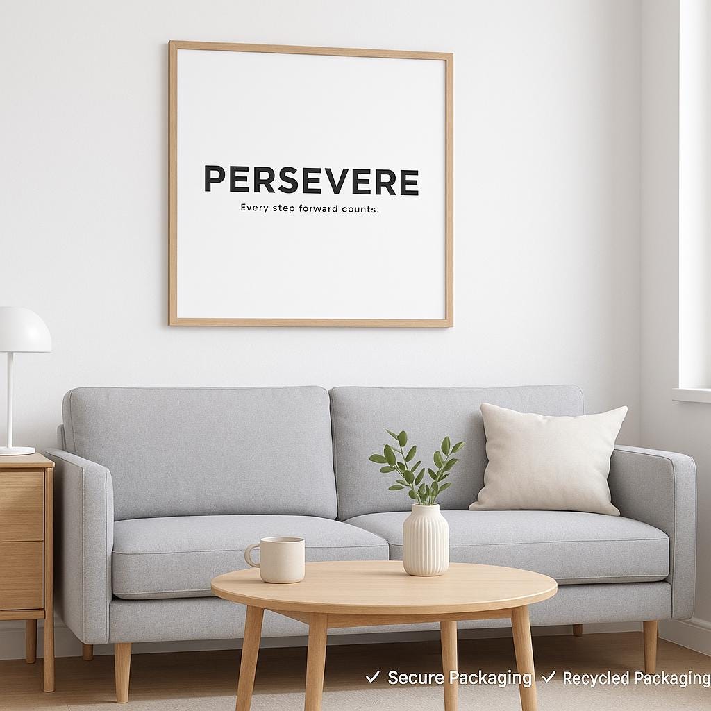 Inspirational Minimalist Poster “PERSEVERE” | Black and White Motivational Wall Art for Living Room, Bedroom, Office | Eco Friendly Ink - Doublenightprints