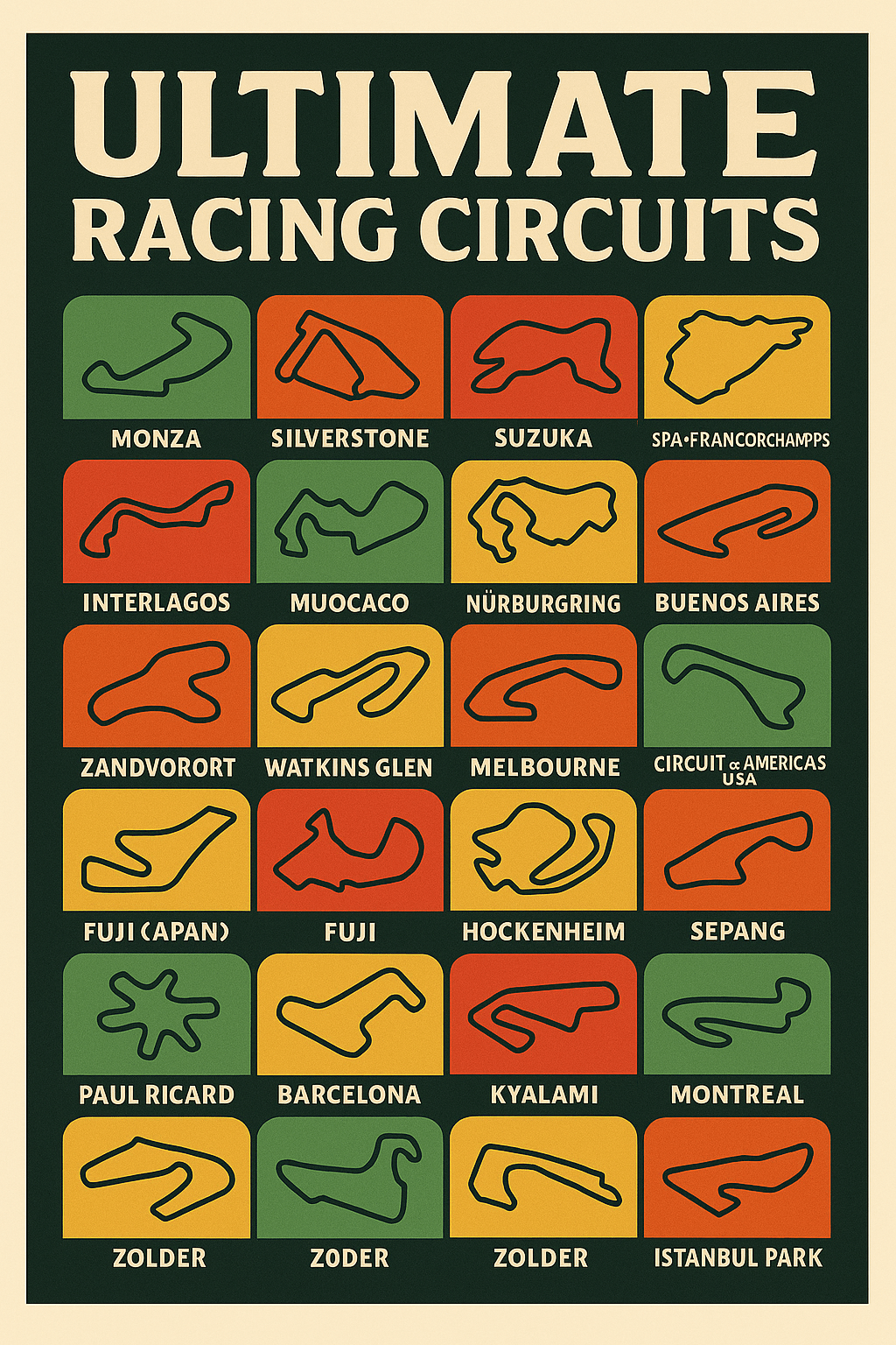 Ultimate Racing Circuits Poster – Famous Track Layouts Collection (Portrait) - Doublenightprints