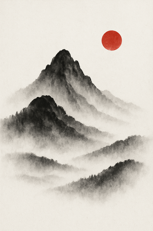 Sumi - e Mountains with Red Sun — Minimal Japanese Print - Doublenightprints