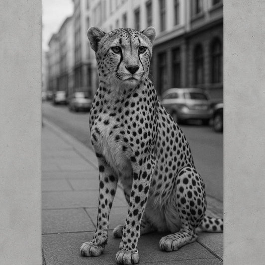 Cheetah in the City Poster – Black & White Urban Wildlife Wall Art | Photorealistic Animal Print | Modern Decor A4–A1 Sizes - Doublenightprints
