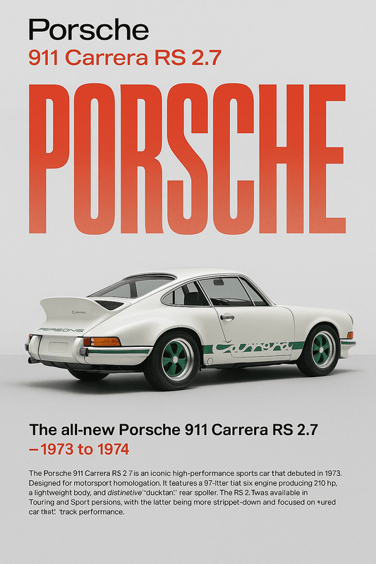 Porsche 911 Carrera RS 2.7 ‘Ducktail’ Poster – Retro Magazine Style | Minimalist Car Wall Art (A5–A1) - Doublenightprints