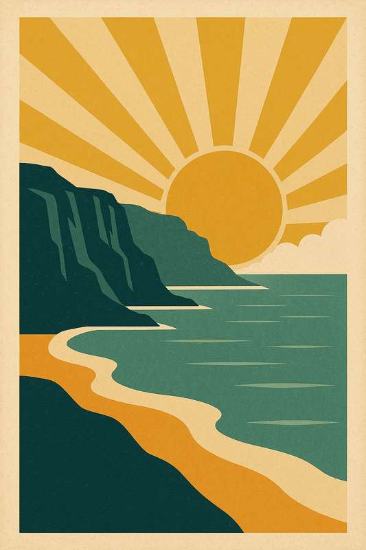 Coastal Sunrise — Art Deco Travel Poster - Doublenightprints