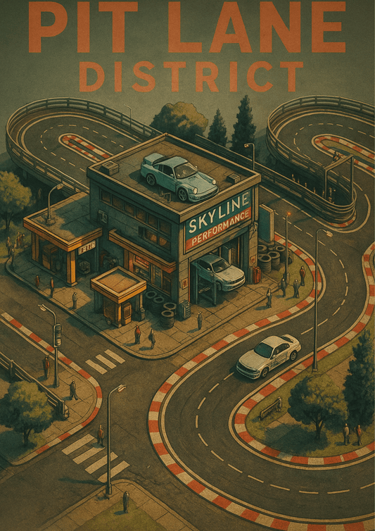 Pit Lane District Racing Poster | Skyline Performance Garage Wall Art | Motorsport Car Enthusiast Print - Doublenightprints