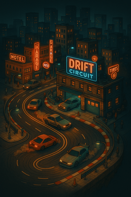 Neon Night Drift Circuit Poster | Street Racing Wall Art | Retro City Drift Scene Print - Doublenightprints