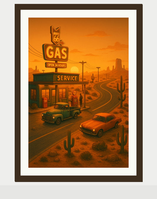 Desert Gas Station Poster | Retro Route - Style Wall Art | Classic Car & Neon Service Print - Doublenightprints