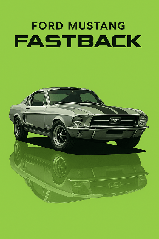 Ford Mustang Fastback 1967 Poster – American Car Wall Art (Silver with Black Stripes, A1–A4, Portrait & Landscape) - Doublenightprints