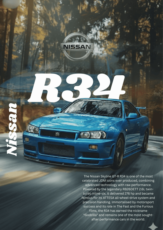 Nissan Skyline R34 GT - R Poster | JDM Car Wall Art | Godzilla Supercar Print | Fast & Furious Inspired Decor - Doublenightprints