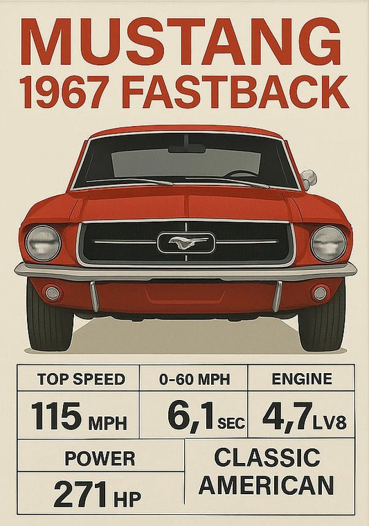 Ford Mustang 1967 Fastback — Classic Specs Poster (Red) - Doublenightprints