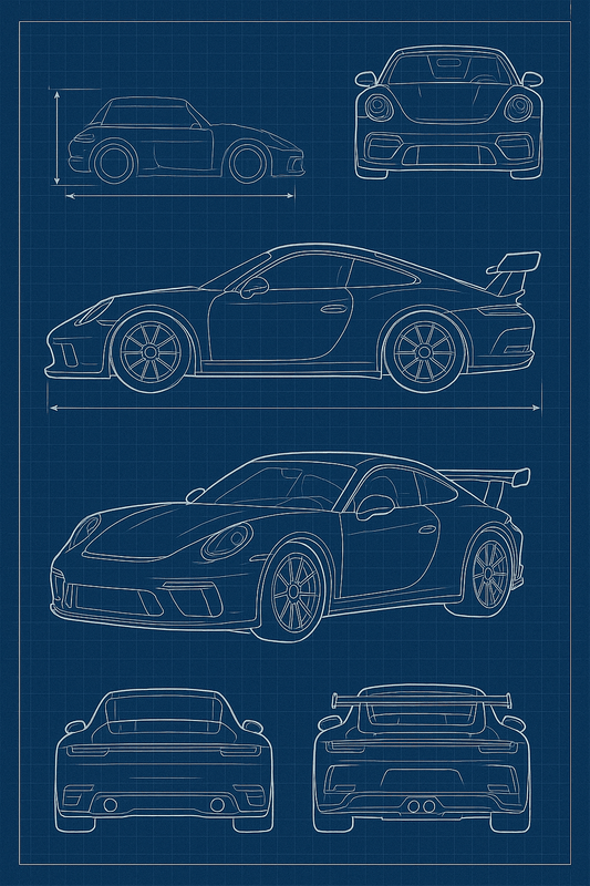 Sports Car Blueprint — Technical Drawing Poster - Doublenightprints