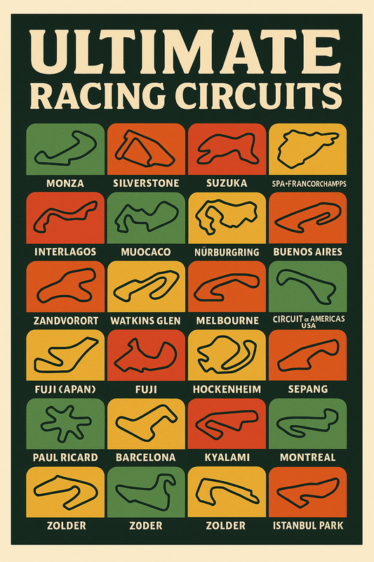 Ultimate Racing Circuits Poster – Famous Track Layouts Collection (Portrait) - Doublenightprints